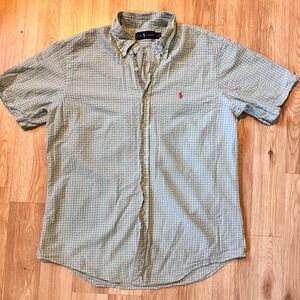 Polo Ralph Lauren Mens Seersucker Button Down Shirt Light Blue Pink Pony Size L